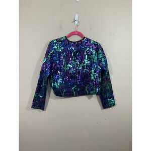 Vintage Womens Sequined Cropped Suit Jacket S Blue Purple 90s Glam Party Evening